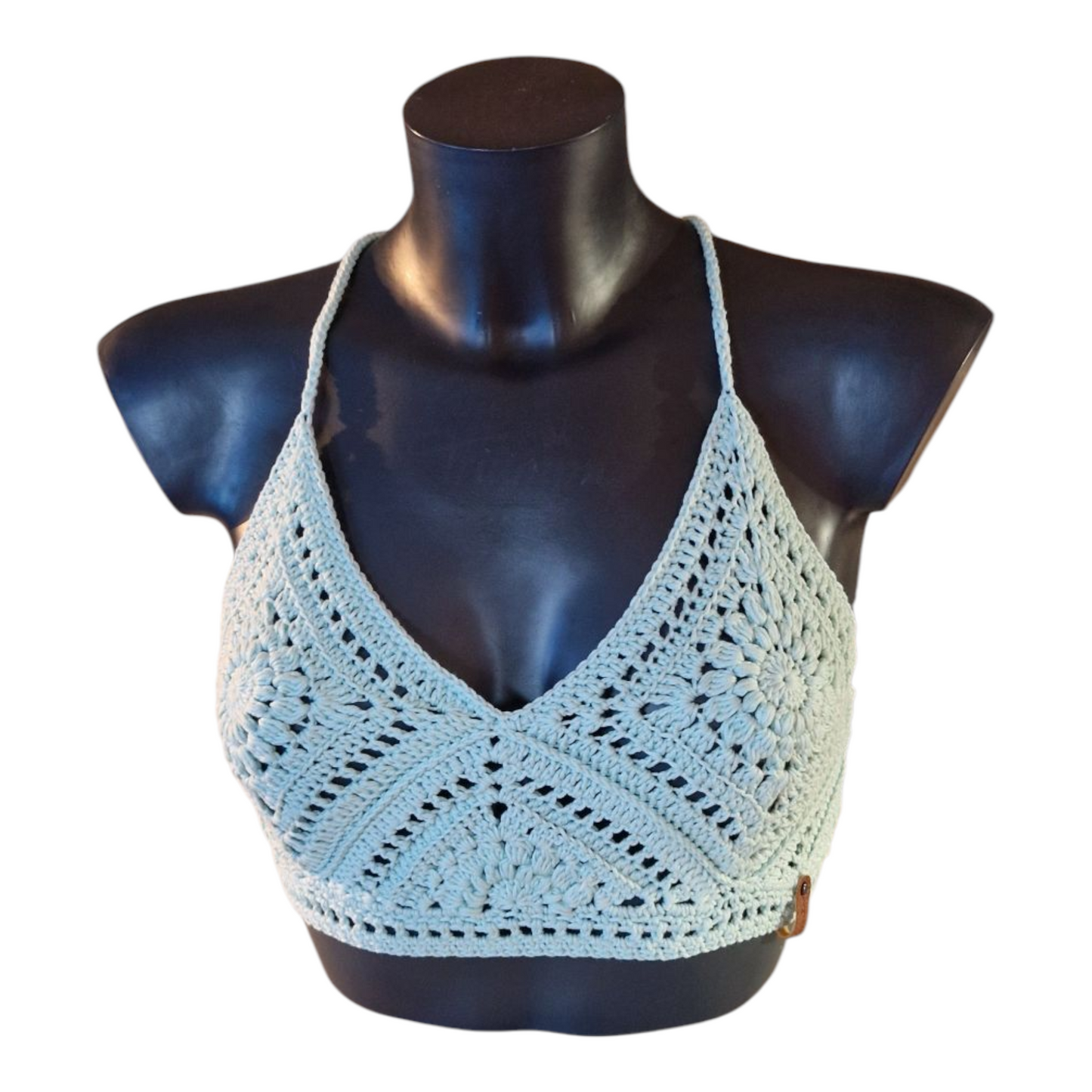 Haut crop top fait main au crochet au point granny square de couleur vert d'eau