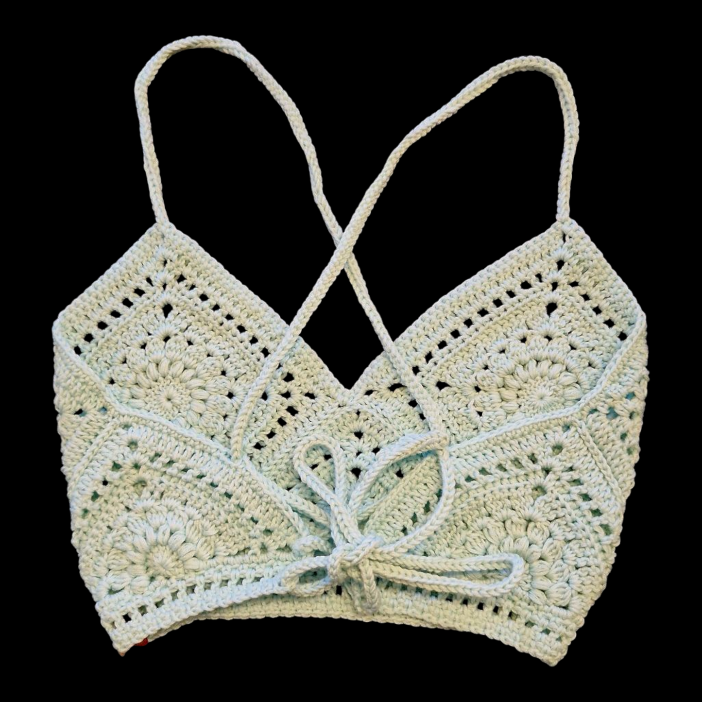 Haut crop top fait main au crochet au point granny square de couleur vert d'eau