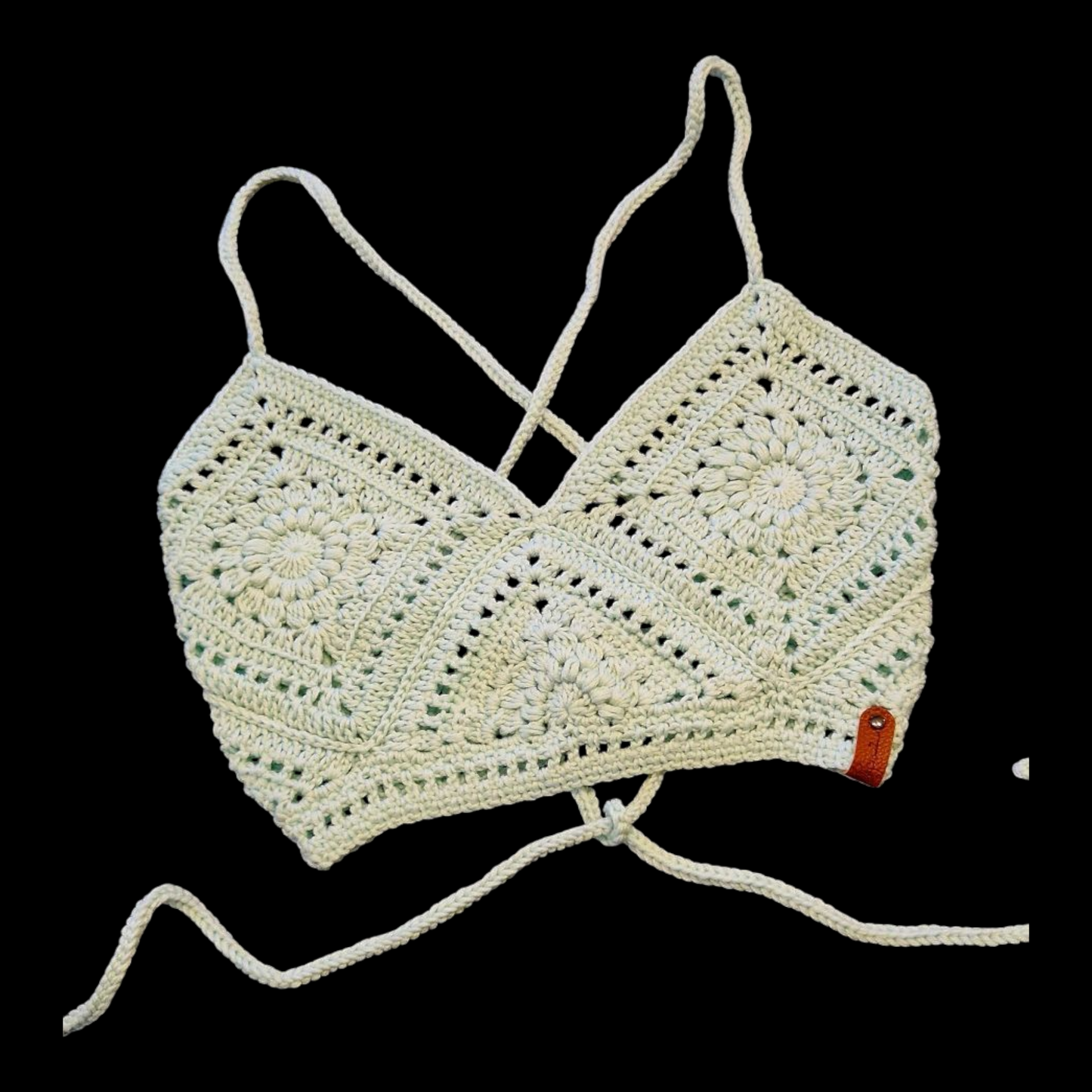 Haut crop top fait main au crochet au point granny square de couleur vert d'eau