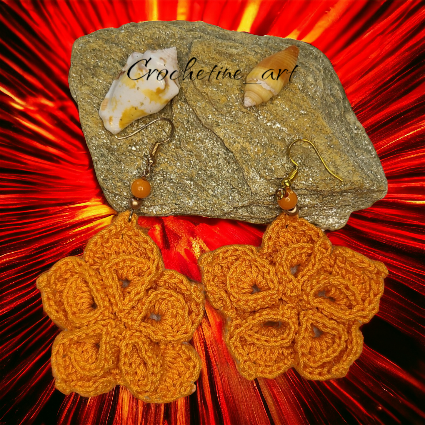 Boucles d'oreilles fleur au crochet de couleur orange avec perles intermédiaires