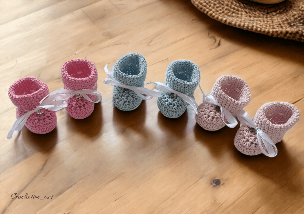 Chaussons de naissance pour bébé au crochet artisanal en fil coton 100% de couleur rose , rose clair, ou bleu