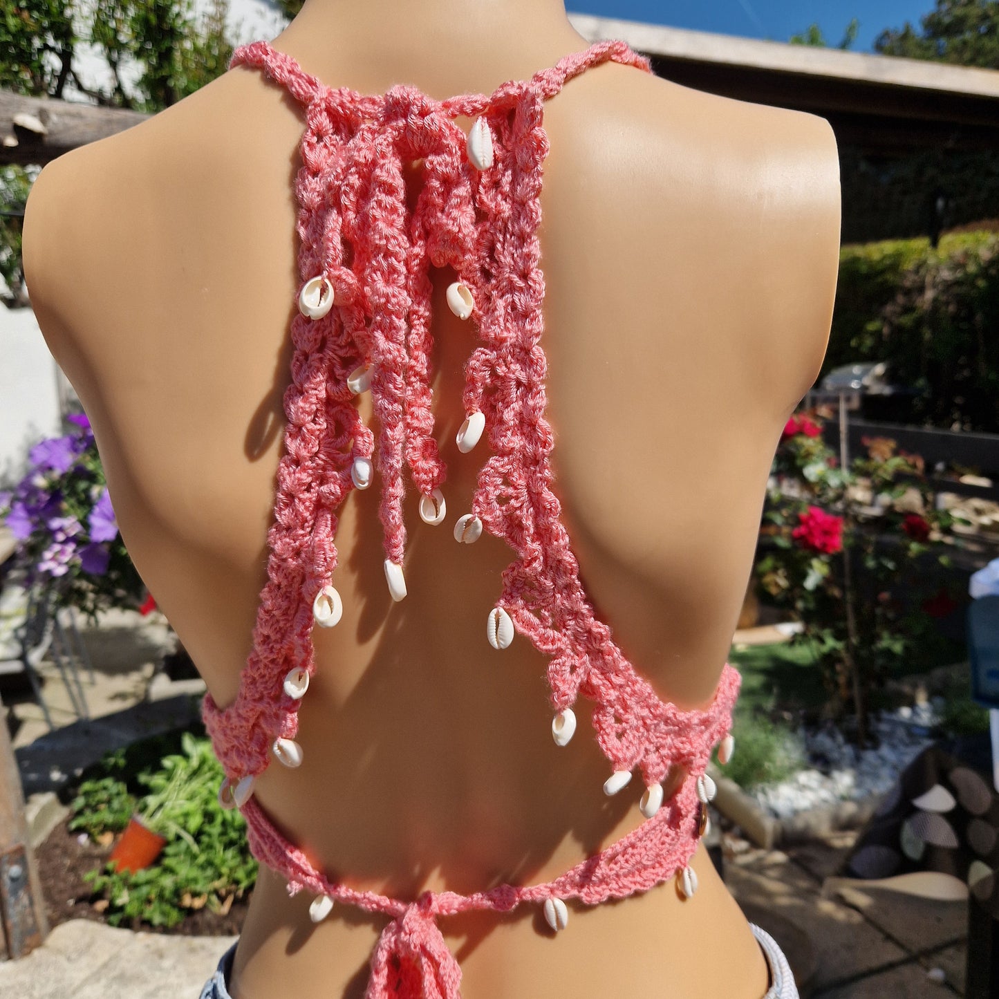 Top Bohème Rose Corail au Crochet Fait Main