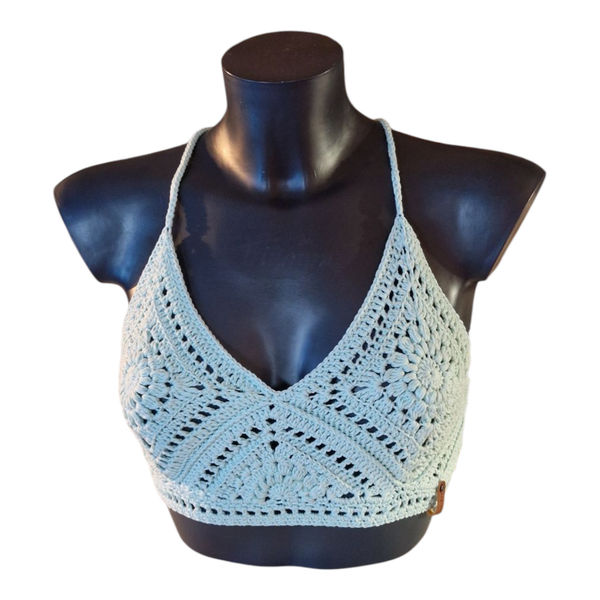 Haut crop top fait main au crochet au point granny square de couleur vert d'eau