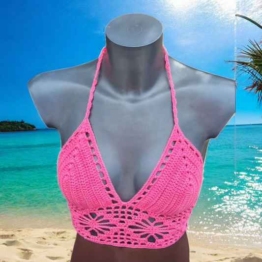 Haut crop top fait main au crochet motif dentelle de couleur rose foncé