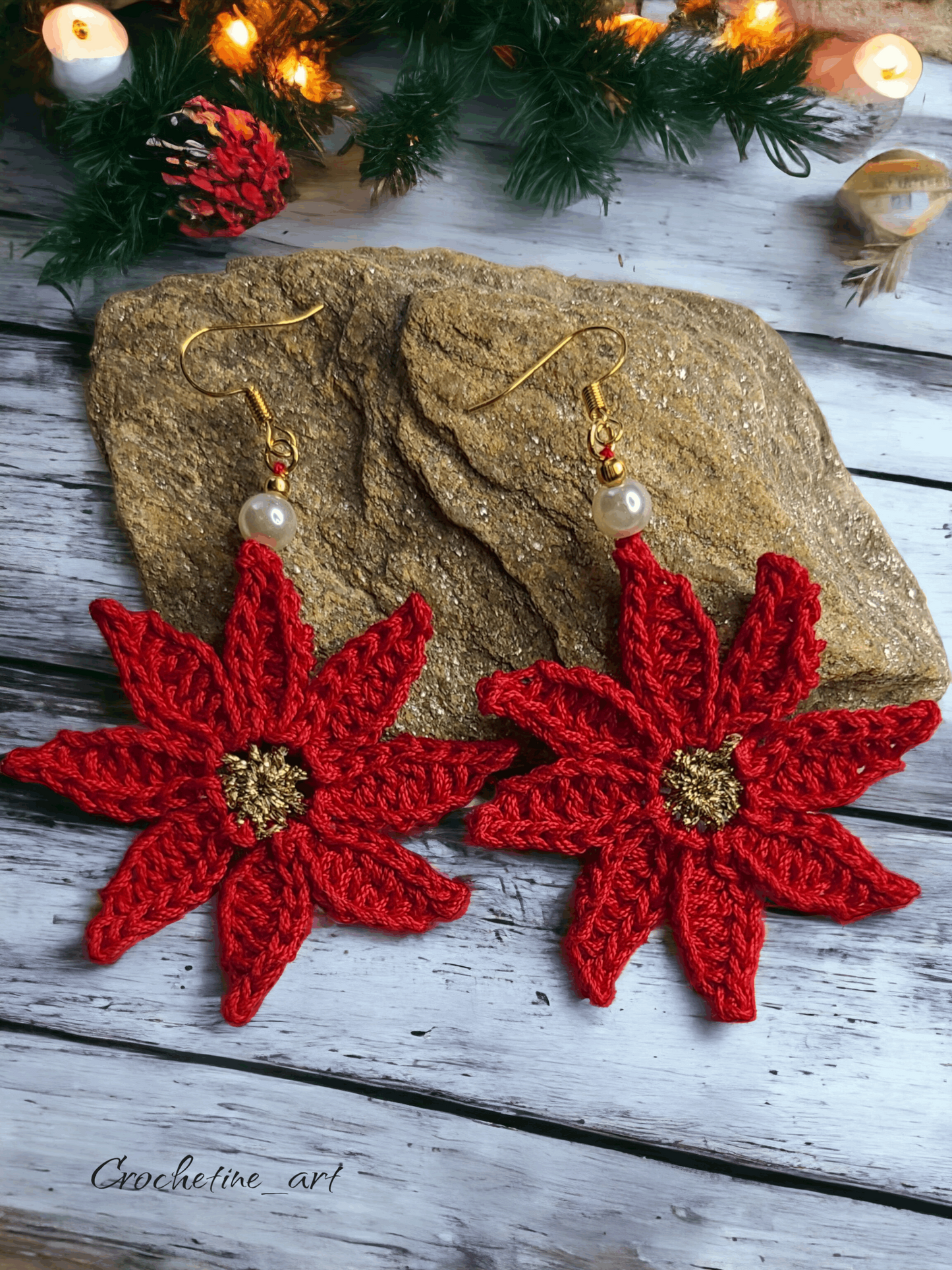 Boucles d'oreilles marguerite au crochet de couleur rouge avec perles de culture ( imitation