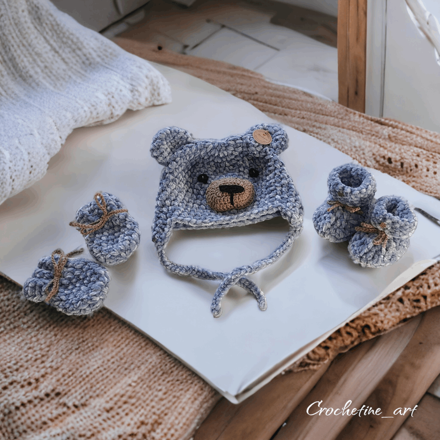 Bonnet bébé ourson, chaussons et moufles assortis, fait main, crochet artisanal made in France