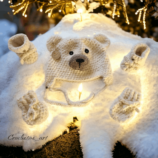 Coffret cadeau de naissance pour baby shower au crochet avec fil en velours de couleur écru comprenant un bonnet ourson, des moufles, des chaussons.